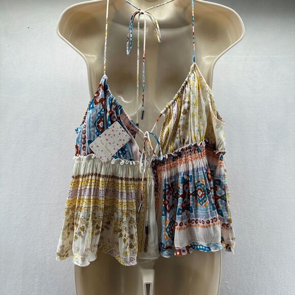 Free People Bellini Patchwork Halter Top Size L Spaghetti Straps Deep V-Neck - Picture 7 of 11